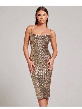 NADINE MERABI Gold Sequin Nina Strapless Midi Dress